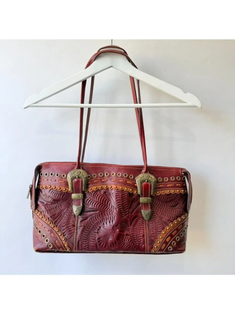 American West Tooled Leather Burgundy Western Shoulder Handbag Purse
